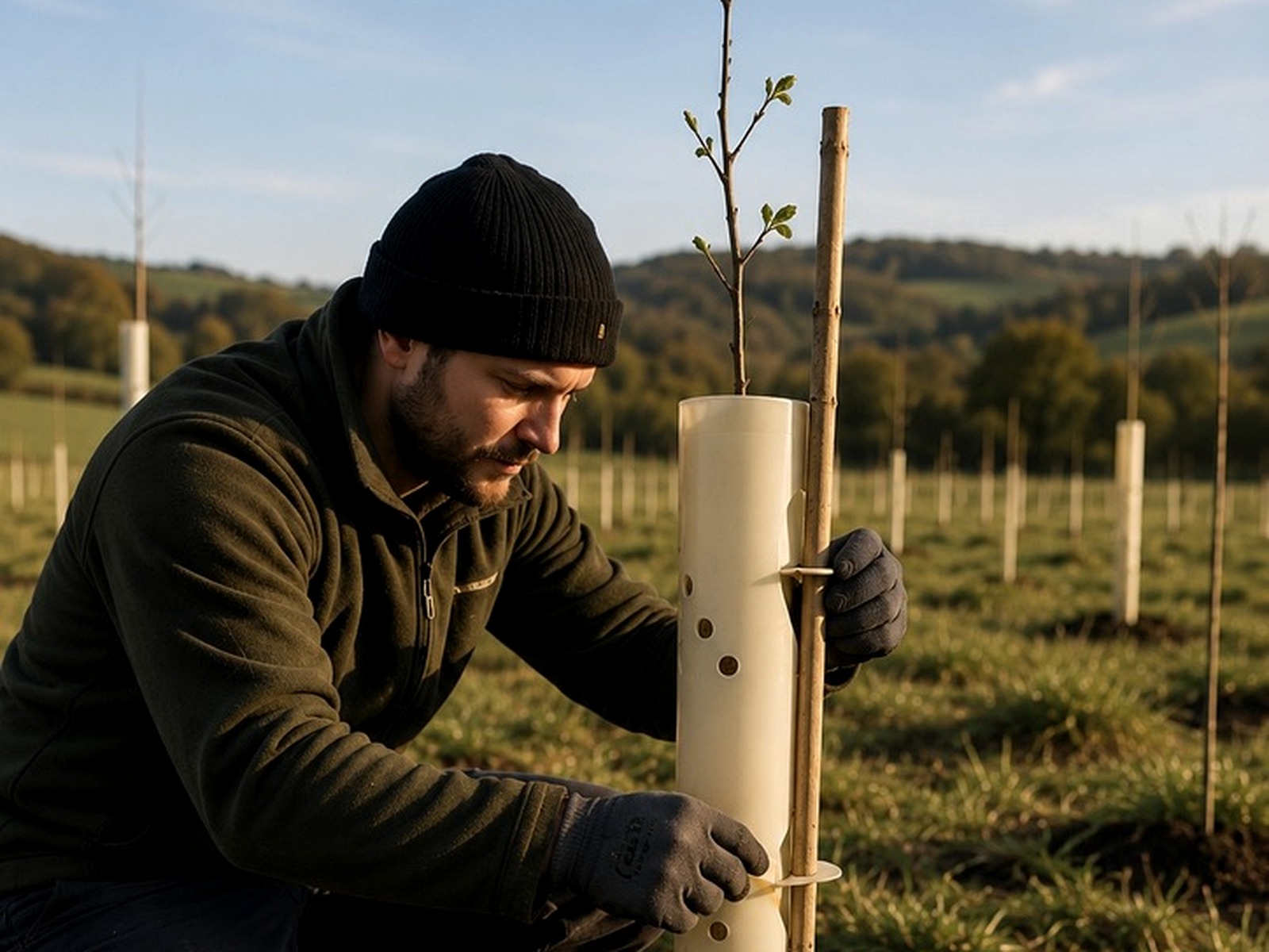 A TreeBud biodegradable tree protection guard made from a matte off-white composite material in outdoor use